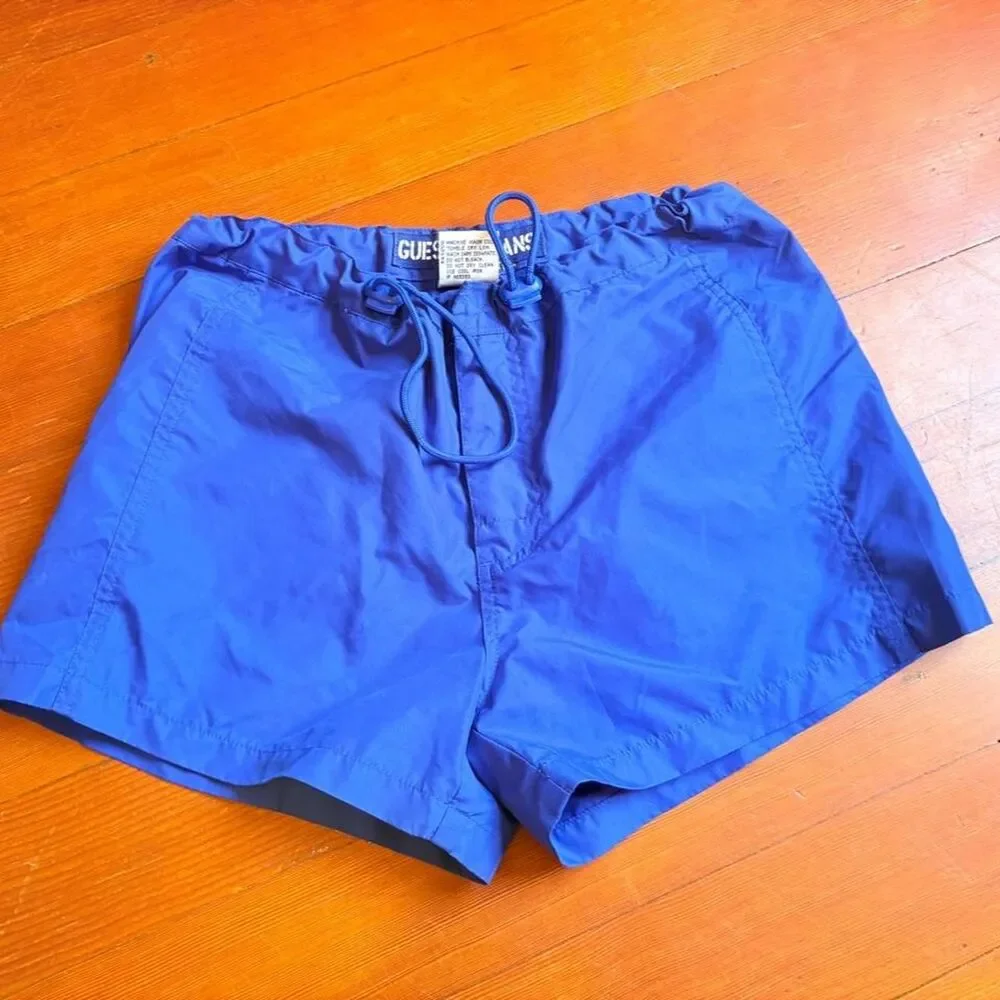 Vtg 90s Guess blue polyester extra short athletic shorts Size 28